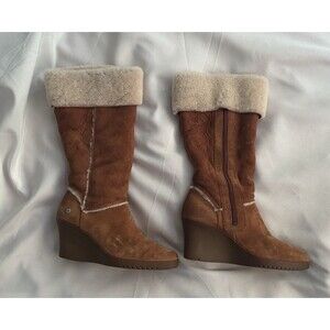 Womens UGG AUSTRALIA brown sheepskin wedge knee high boots zip US Size 8 EUR 39